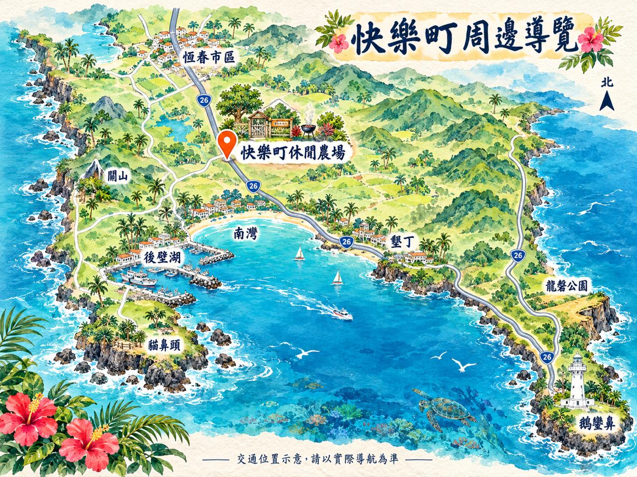 快樂町周邊導覽地圖：恆春市區、關山、後壁湖、南灣、墾丁、貓鼻頭、鵝鑾鼻